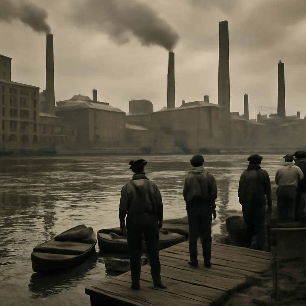 Early 20th-century industrial waterfront with factories, smokestacks, a polluted river, and small boats—no identifiable faces.