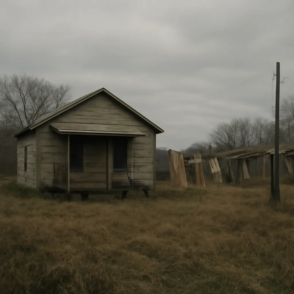 Exterior of a modest 1960s–1970s communal residence in rural America: a simple wooden house with a small porch, basic outbuildings, and overgrown yard, conveying a somber, austere atmosphere.