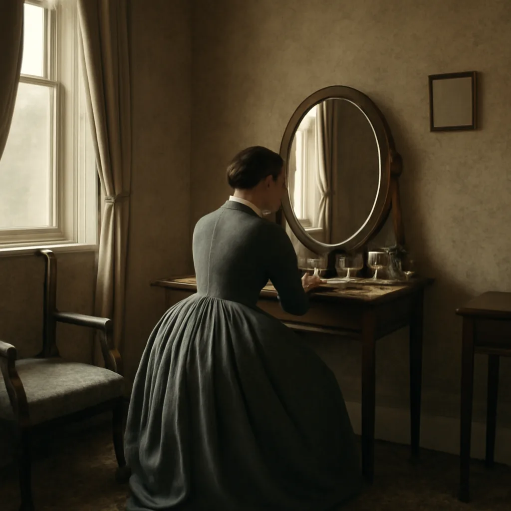 A 19th-century domestic scene: a woman at a dressing table with jars and ointment tins, period clothing and furnishings, suggesting use of cosmetic creams in a Victorian interior.