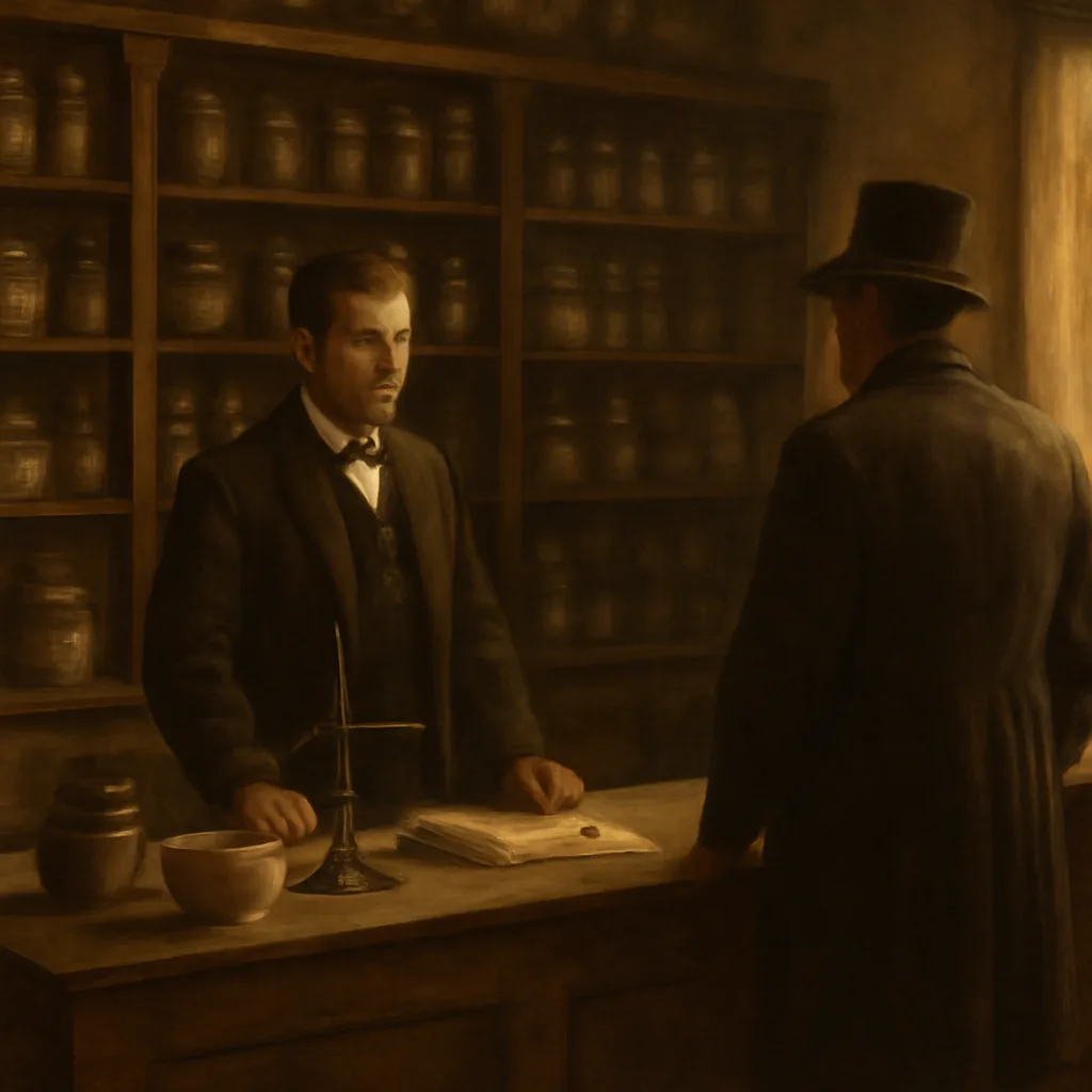 A 19th-century apothecary or parlor scene with jars and tins of cosmetics on shelves and a woman consulting a pharmacist; period clothing and furnishings, no identifiable faces.