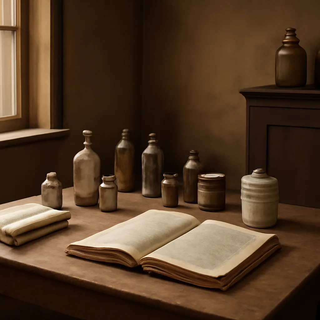 A 19th-century apothecary-style scene: a wooden table with glass bottles, metal tins, and a small porcelain jar of face cream beside a folded linen handkerchief and a medical journal open to a dated entry.