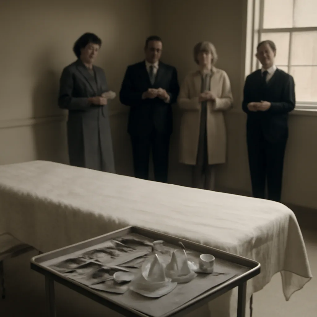 A mid-20th-century clinic room with a demonstration table, medical instruments, and observers taking notes—no identifiable faces.