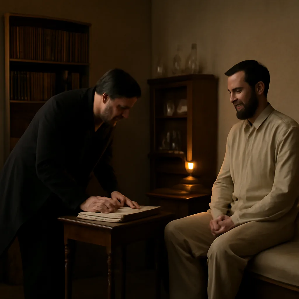 Late 19th‑century clinical scene: a physician consulting notes beside a patient seated on a simple examination couch, period medical furnishings and oil lamp visible.