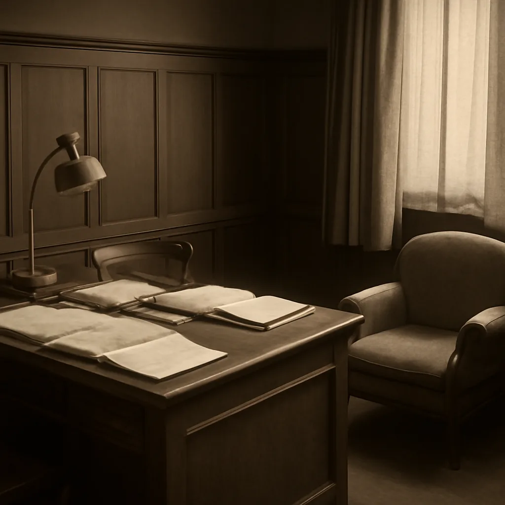 Early 20th-century consulting room with doctor’s desk, armchair, medical texts and hypnotic suggestion objects; clinical, historical scene without identifiable faces.