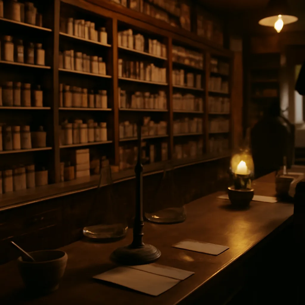 Mid-20th-century pharmacy interior with glass medicine bottles, scales, and labeled boxes on wooden shelves, evoking 1940s pharmaceutical practice without showing identifiable faces.