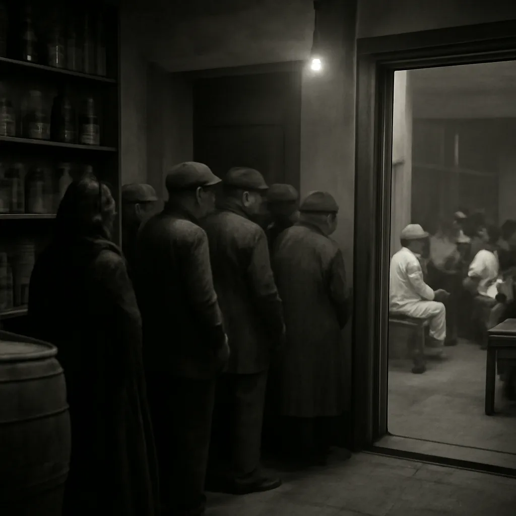 Early 20th-century apothecary-style shopfront and a crowded clinic waiting room with patients seated; bottles and barrels of alcohol visible on shelves and floor, reflecting concerns about contaminated spirits after a 1927 poisoning outbreak.