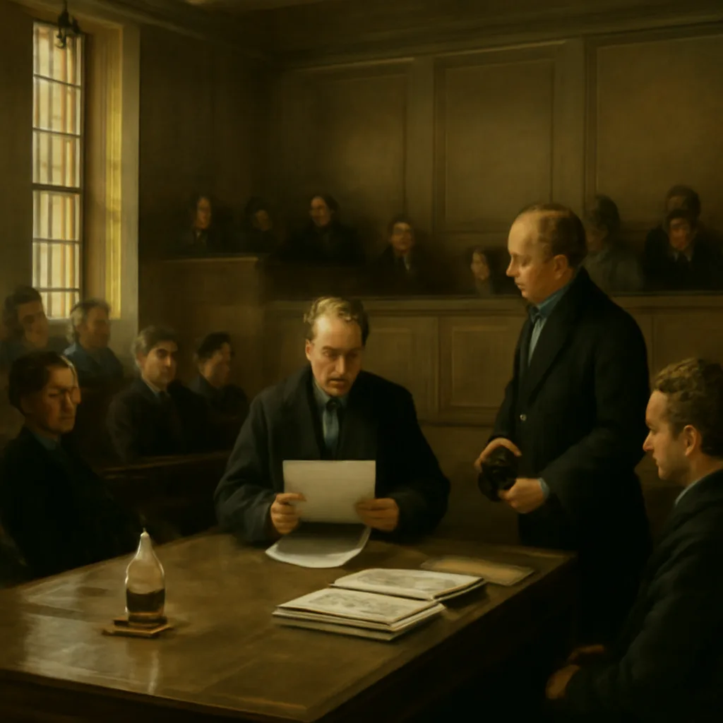 A mid‑19th‑century courtroom or coroner's inquest scene: wooden benches, men in period dress, a coroner taking notes, gaslight or daylight through tall windows.