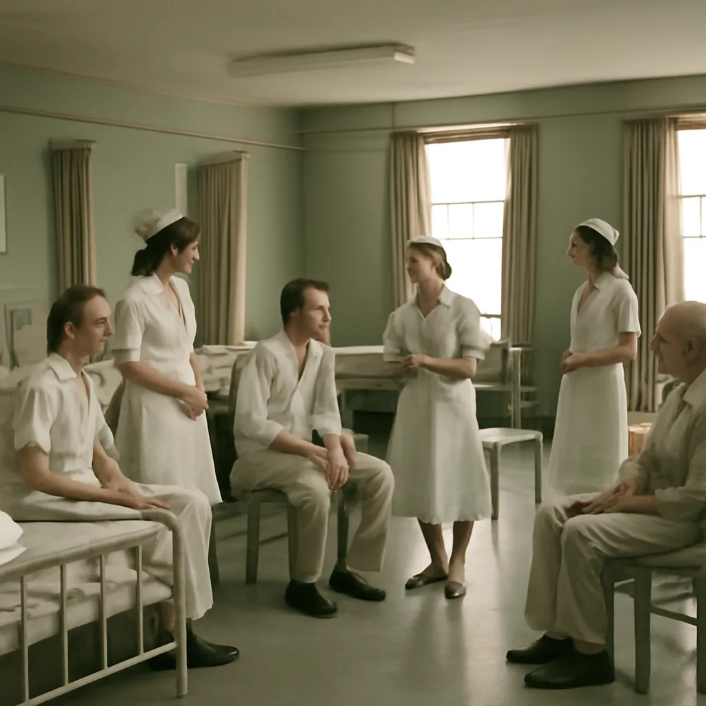 A clinical ward in the early 1960s with patients seated or in beds and staff in plain uniforms observing; a group in mild animated conversation suggesting a shared laughter episode.