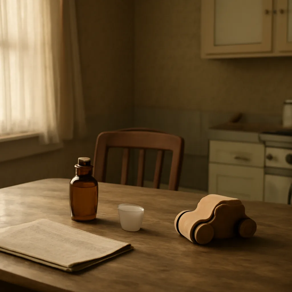 A 1930s-era kitchen table with a small glass medicine bottle, a paper dosing cup, and a child’s toy; the scene conveys household medicine use in the 1930s.
