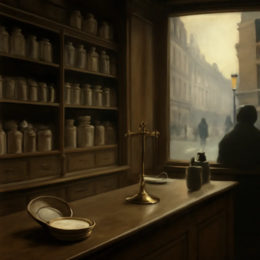 19th-century apothecary counter with open jars, powdered cosmetic containers, and a chemist's glassware, set in a dimly lit Paris shop interior.