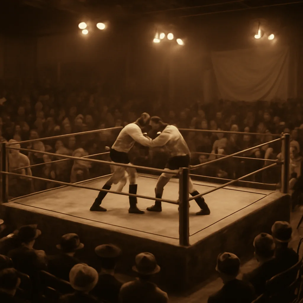 Early 20th-century indoor wrestling arena with a roped wrestling ring, a crowd of spectators in period clothing, and two wrestlers grappling in the ring under overhead lighting.