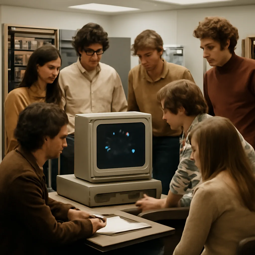 A 1970s university computing lab with students gathered around a terminal displaying a two-ship space combat game; CRT display, punched-tape or paper-tape equipment visible, no identifiable faces.