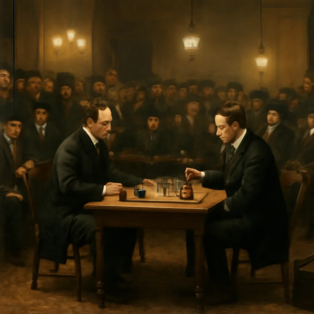 Late 19th-century chess match setting: a large wooden table with chessboard and pieces, two men in period clothing seated across from each other surrounded by spectators in suits and hats in a gaslit hall.