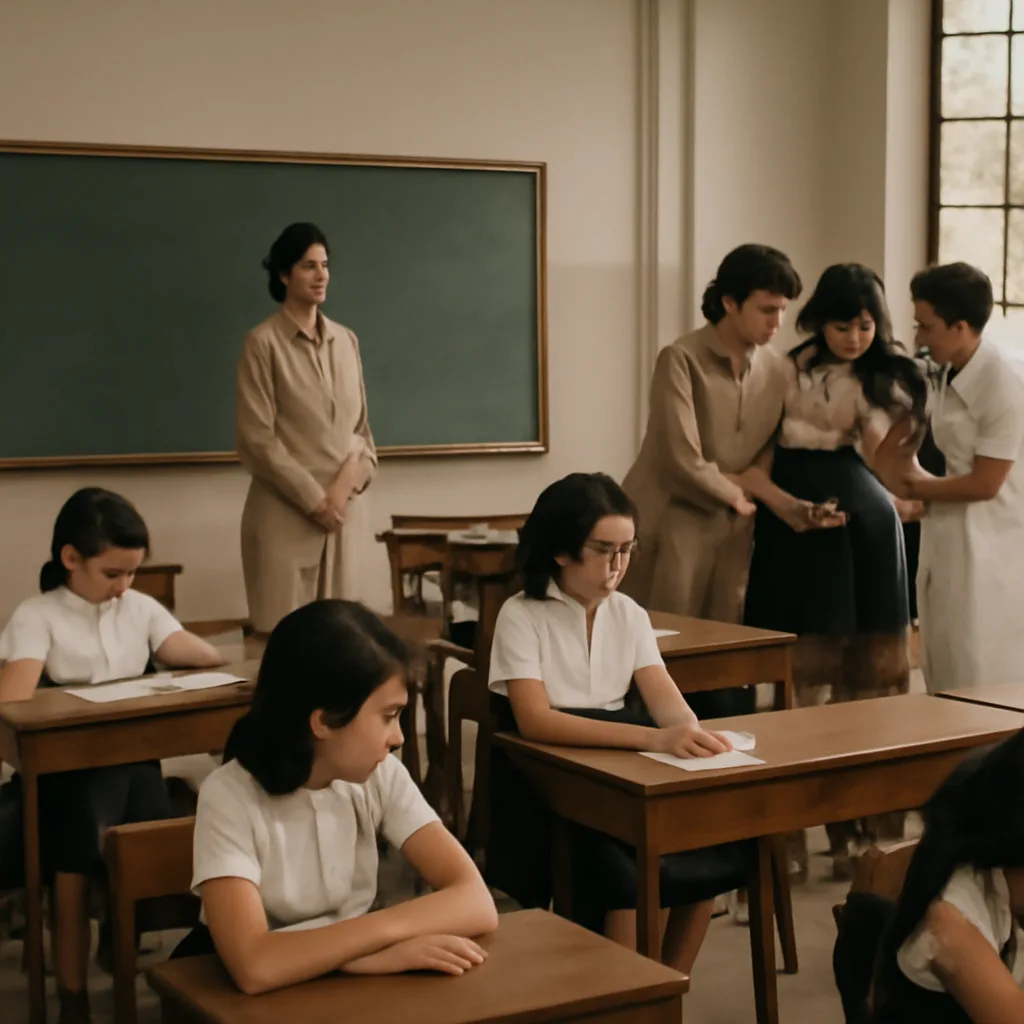 A 1960s classroom scene in Rio de Janeiro: rows of desks in a girls’ school, teachers and students in period-appropriate dress, some students seated while others appear distressed or being escorted outside; no identifiable faces.