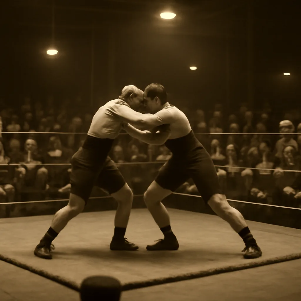 Historic indoor wrestling ring with two men grappling under period lighting, surrounded by a crowd in early 20th-century dress.