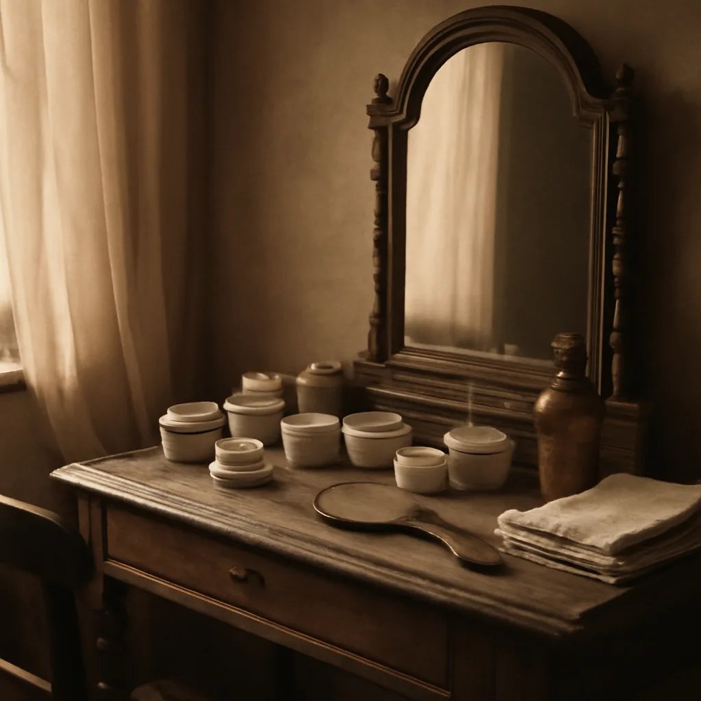 19th-century dressing table with powder pots and boxes of face powder on a wooden vanity, period-appropriate fabrics and glass bottles.