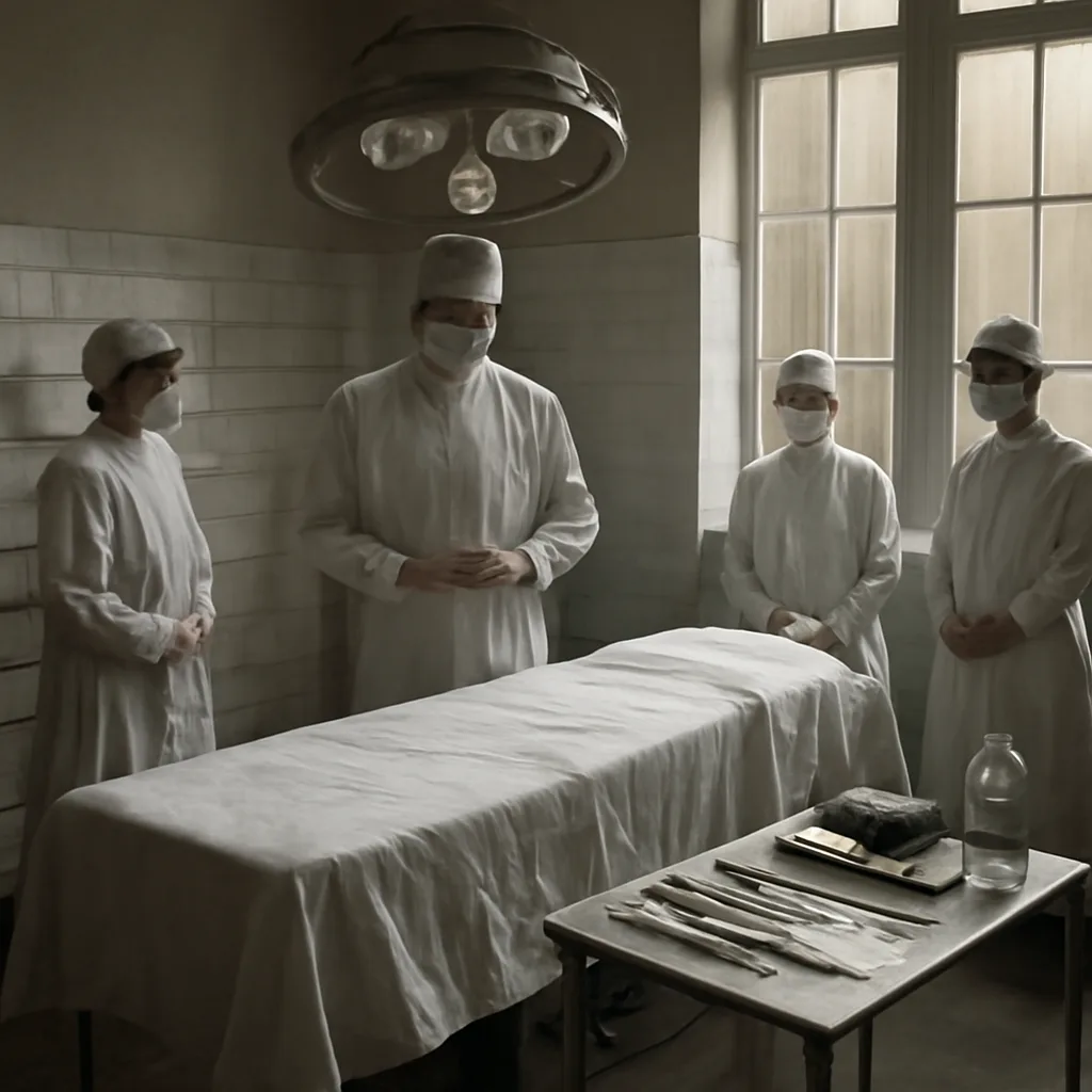 Early 20th-century operating theatre with surgical instruments on a tray, medical staff in period attire, and a skull model on a table, suggesting a neurological operation in the 1930s.
