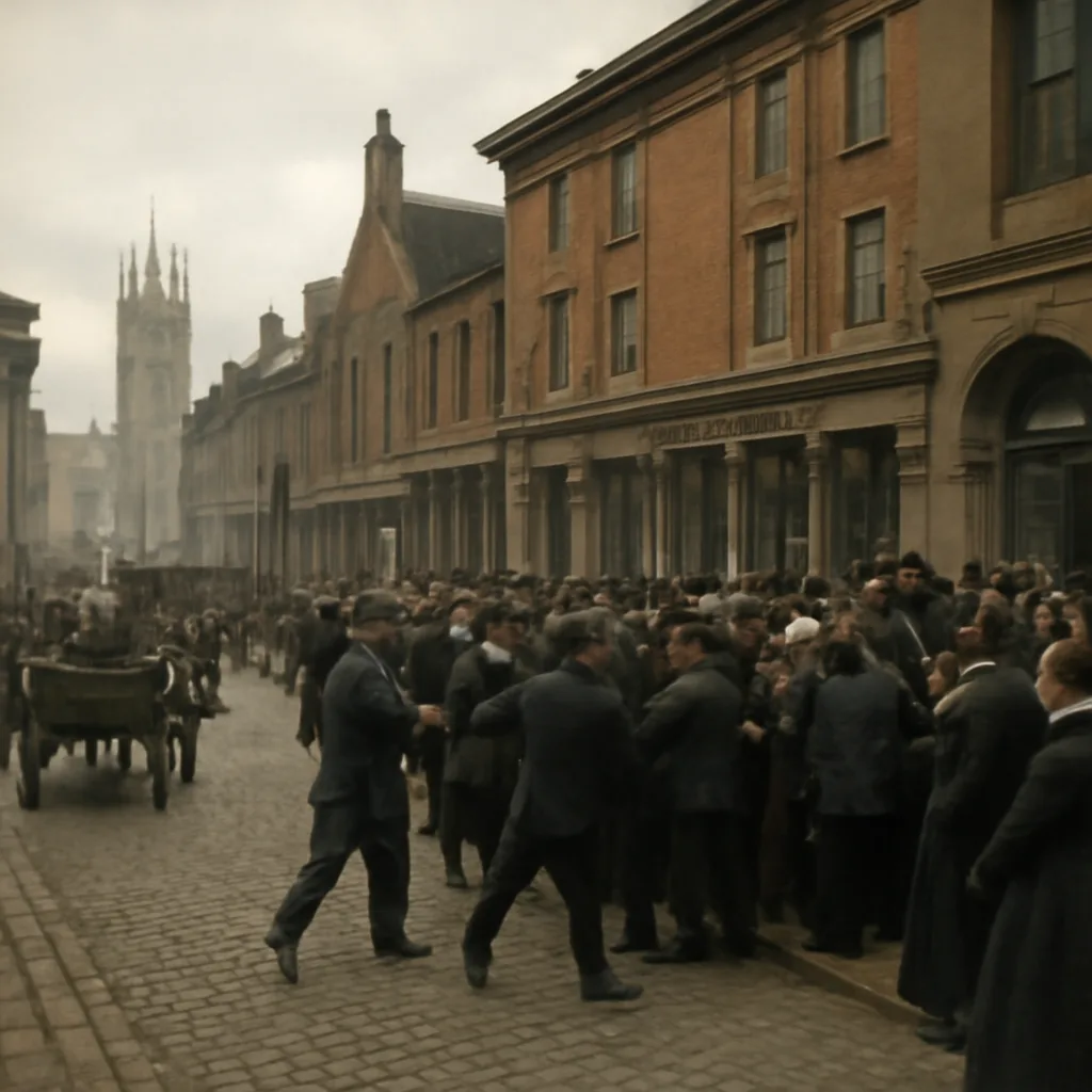 Late 19th-century Gloucester street scene with horse-drawn carts, crowds gathered outside a newspaper office and police constables visible; period architecture and clothing.