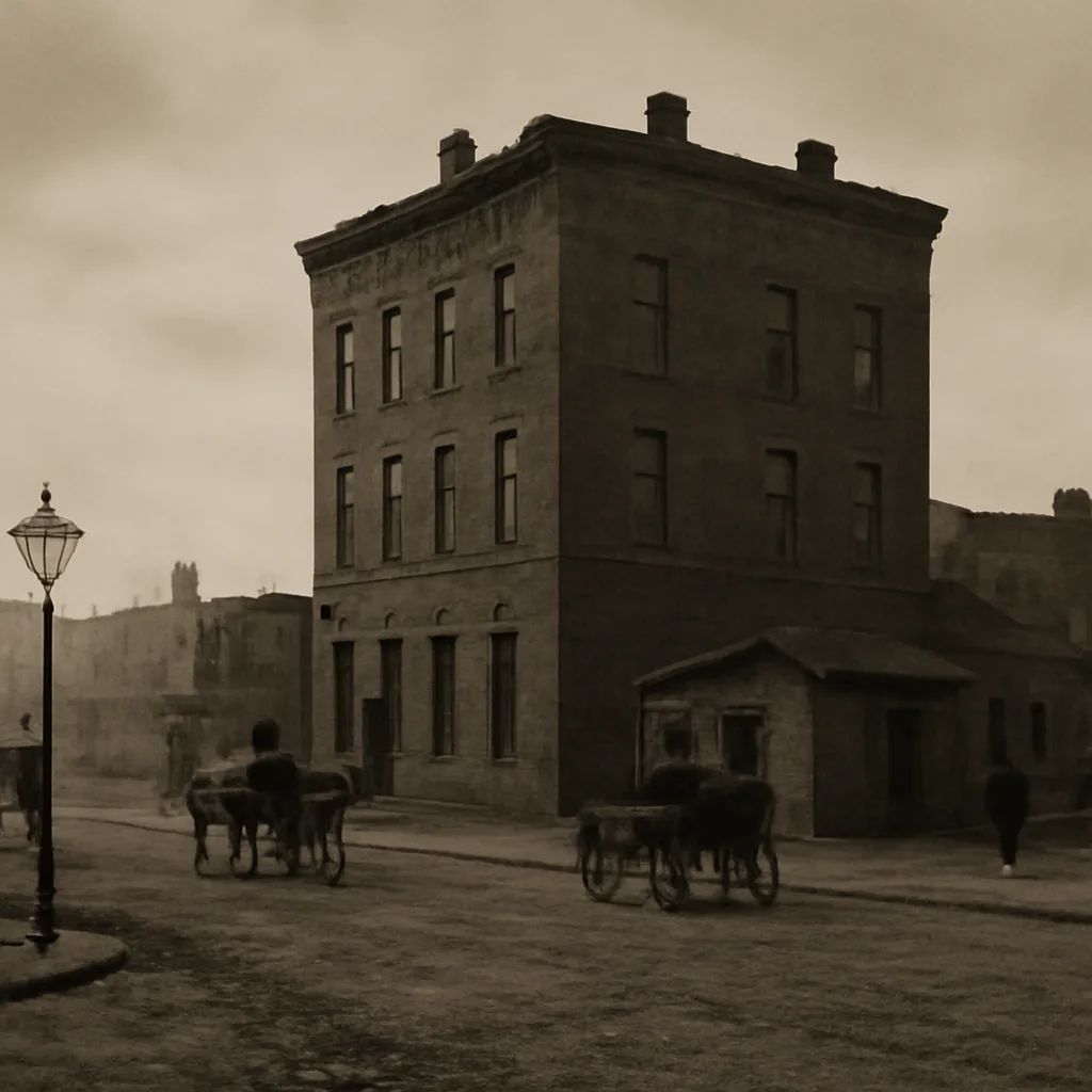 Late 19th‑century three‑story brick commercial building in Chicago with narrow windows and adjacent vacant lots, exterior view suggesting complex interior layout; period‑appropriate horse‑drawn carriage on unpaved street.
