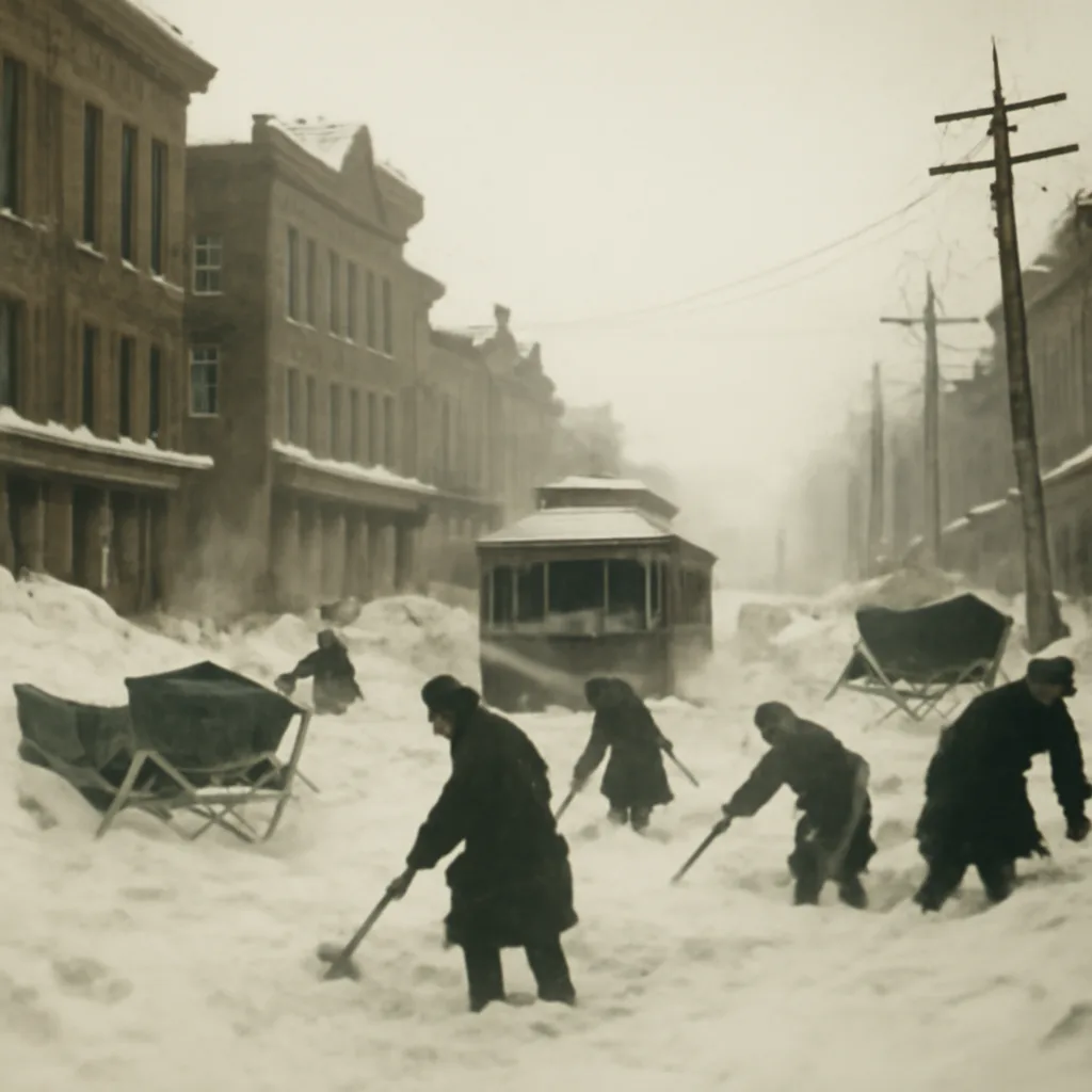 Horse-drawn sleighs and large snow drifts on a 19th-century American city street after the 1888 blizzard, with snow piled against building facades and immobilized streetcars.