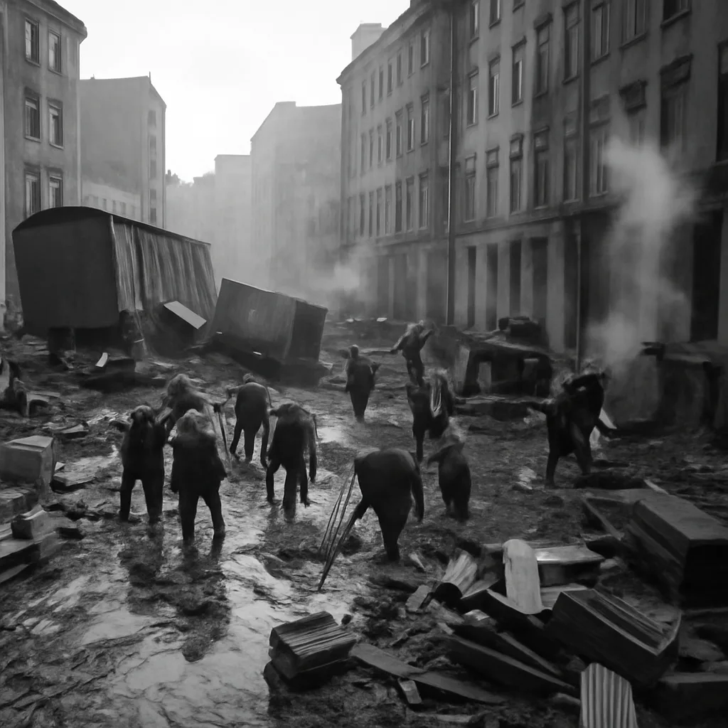 Early 20th-century Boston North End street scene after a collapsed molasses tank: damaged buildings, debris-covered street, workers and bystanders amid dark sticky residue.