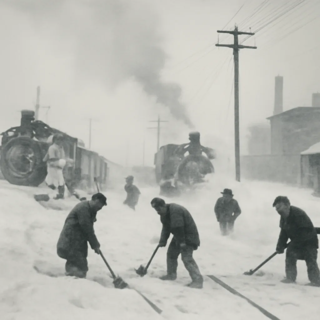 Teams clearing deep snow from railroad tracks and a steam locomotive half‑buried in snowdrifts during a 1912 Northeast blizzard; wooden telegraph poles and early 20th‑century buildings visible, with workers in period outerwear.
