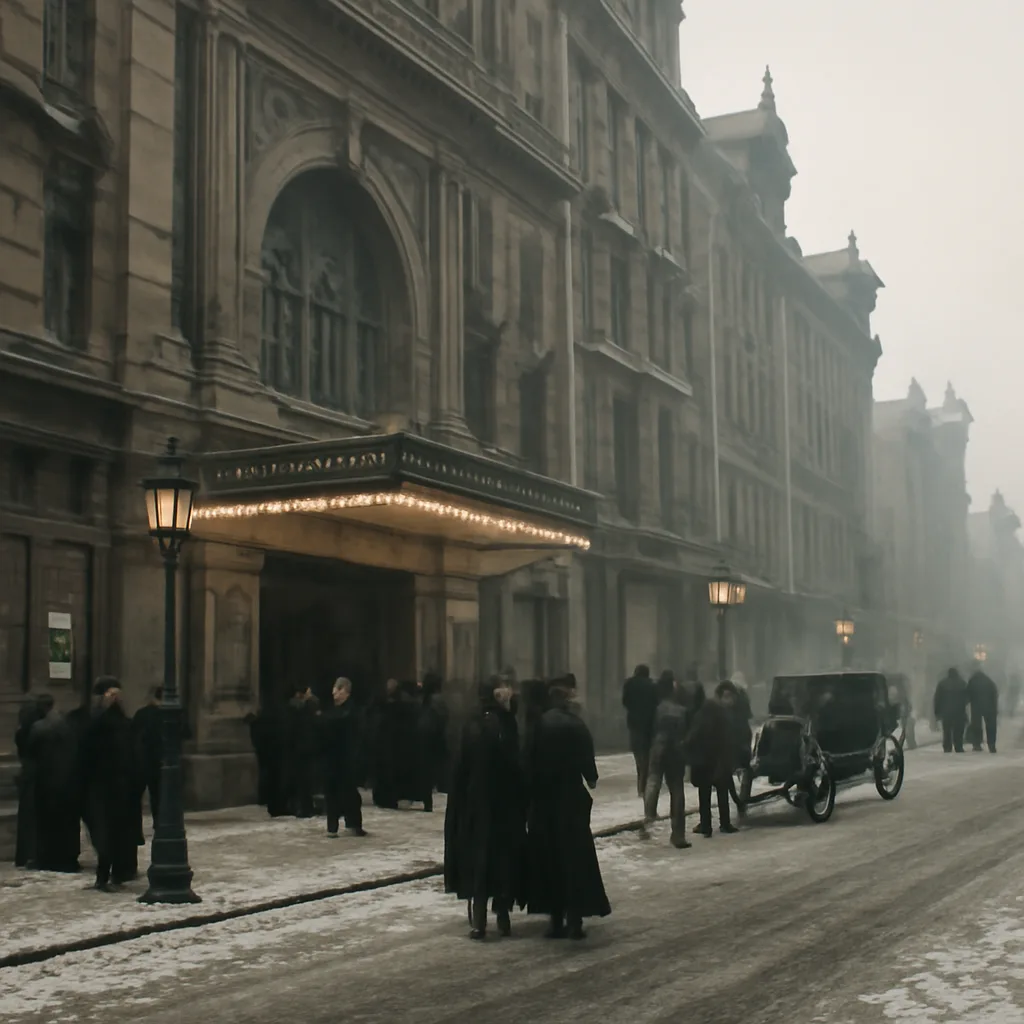 Early 20th-century street-level view of a large urban theater facade with crowds and horse-drawn vehicles outside; smoke is not shown.