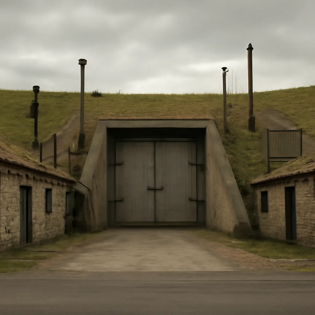 Entrance and exterior of a mid-20th-century reinforced military bunker set into a hillside, with blast doors and service buildings nearby, surrounded by sparse vegetation.