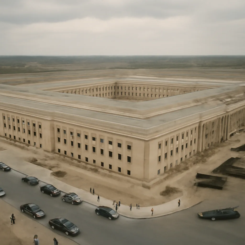 The Pentagon under clear daylight: the five-sided building and its open central courtyard seen from an elevated angle, showing construction-era surroundings and early-1940s vehicles and dress.