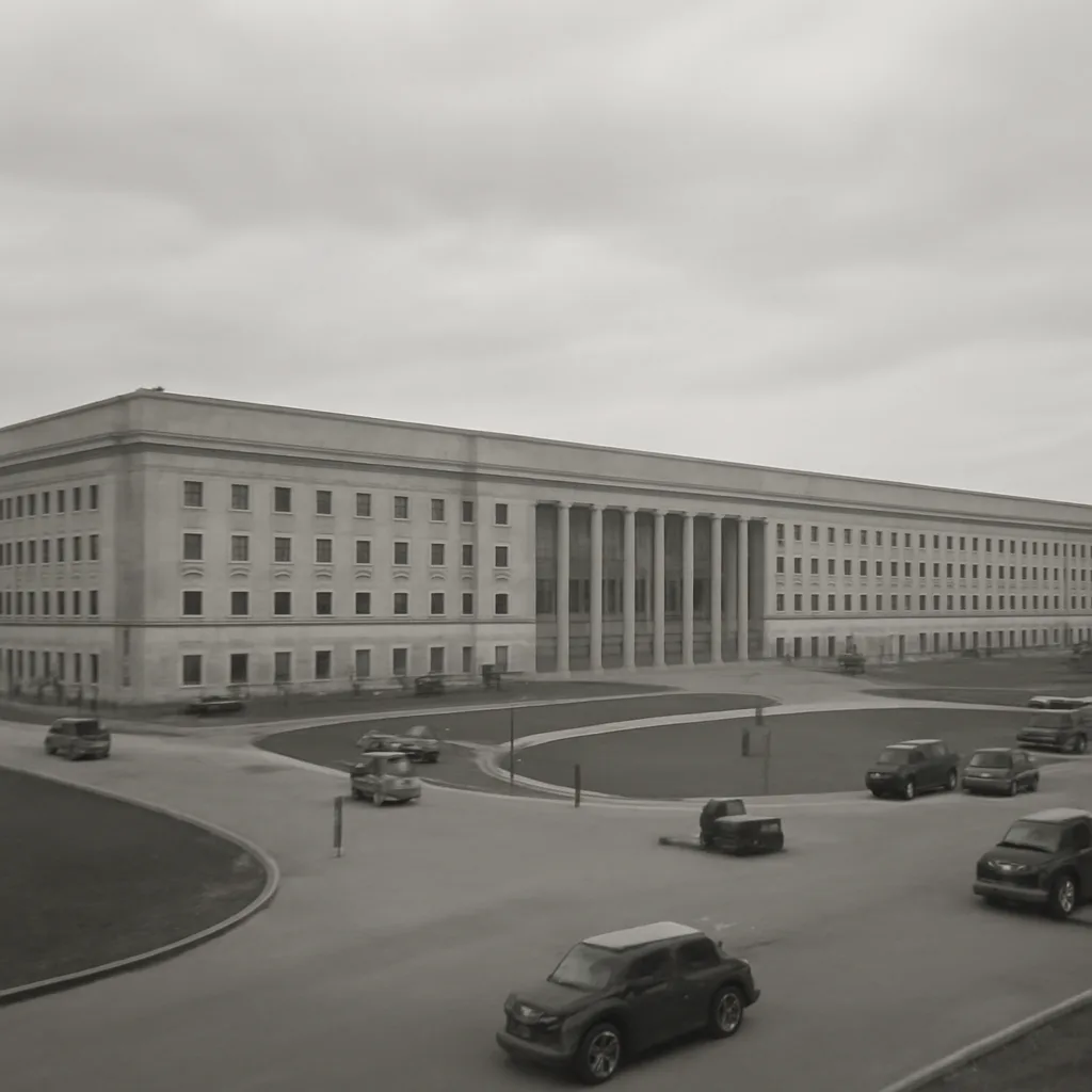 The Pentagon building seen from a distance in 1940s style: the five-sided low-rise structure with an open central courtyard, surrounding roads and wartime-era vehicles and personnel nearby.