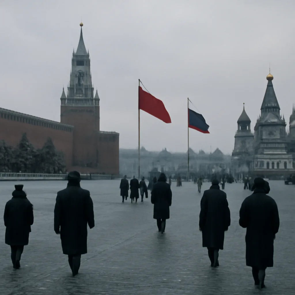 Wide exterior view of the Kremlin and Red Square in Moscow in winter, with Soviet-era flags removed and Russian tricolor visible; grey sky and snow on ground conveying a solemn, transitional moment.