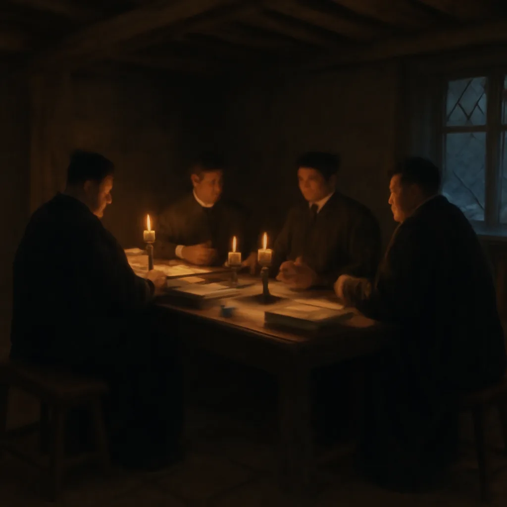 A 17th-century Scottish kirk session room: wooden table, bound ledgers, candles, and shadowed figures in period dress speaking across a bench; a sense of tension and formality.