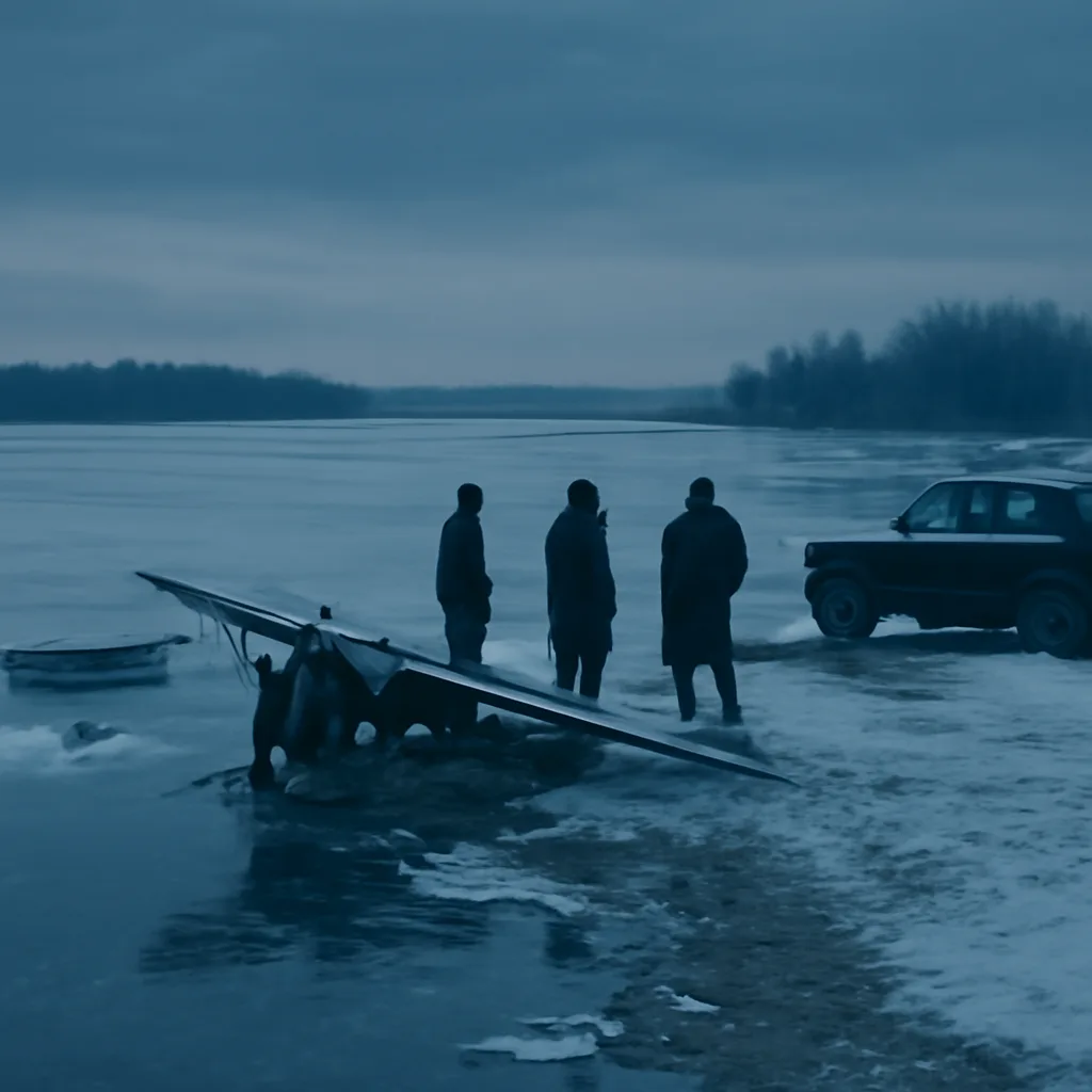 A frozen Clear Lake shoreline in winter, 1950s-era small seaplane or light aircraft wreckage being inspected by men in heavy coats, with rescue boats and police vehicles nearby.