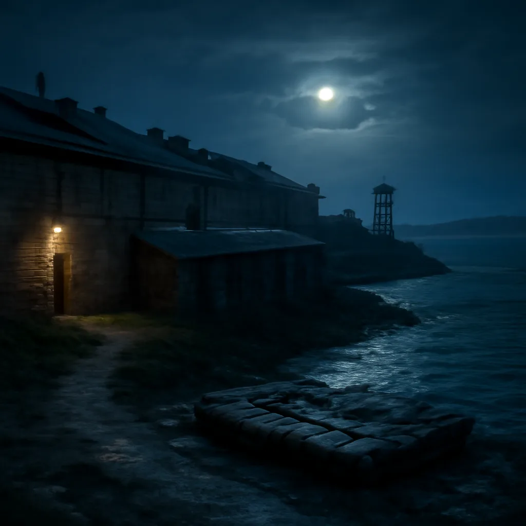 Nighttime view of Alcatraz Island shoreline and cellblock roofs under moonlight, with a small improvised raft on rocky shore—no identifiable faces.
