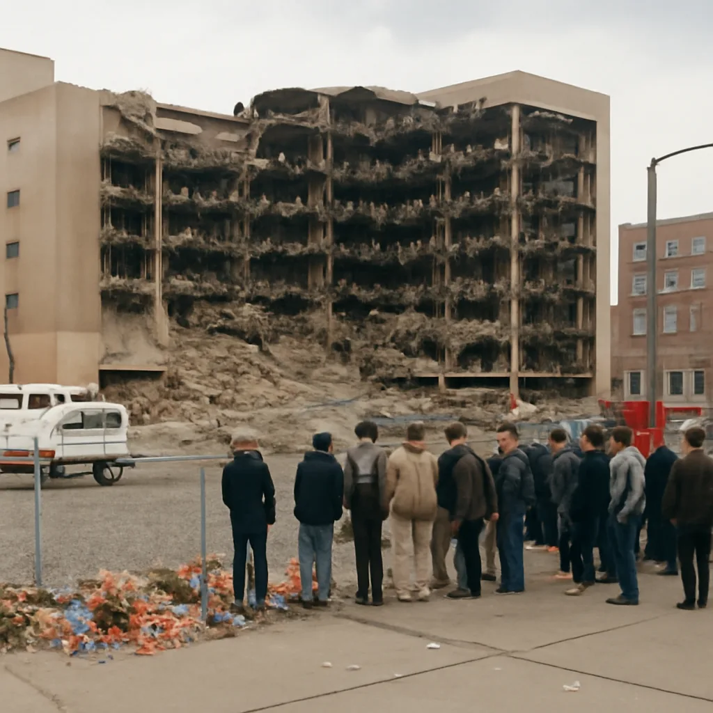 Exterior of the Alfred P. Murrah Federal Building site with memorial flowers and flags, showing damage and protective fencing in the aftermath of the 1995 bombing.