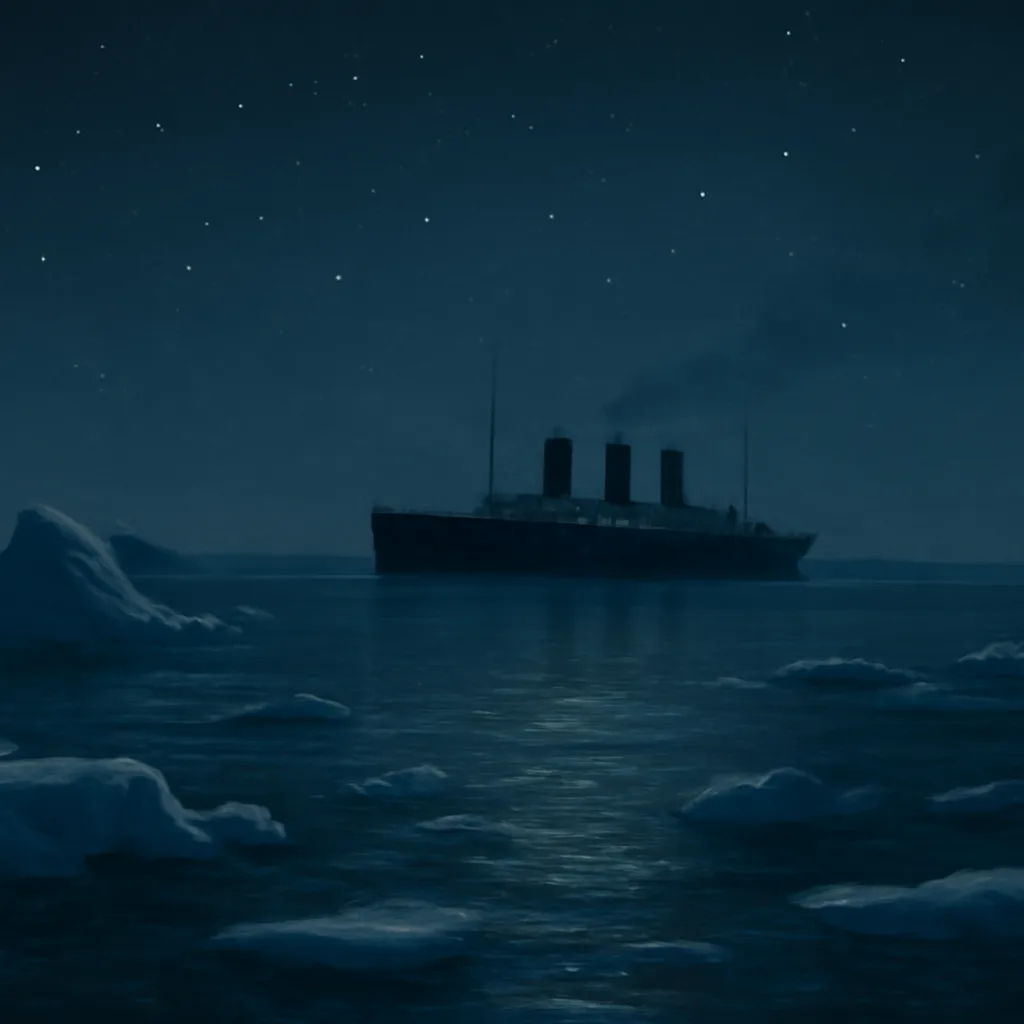 The ocean at night with ice floes under starlight and a distant steamship silhouette; lifeboats and rigging implied but not shown.