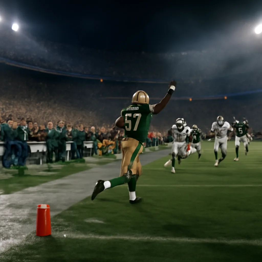 Players on a football field celebrating a last-second kickoff return touchdown at a packed stadium; sideline players and staff reacting, referees nearby.
