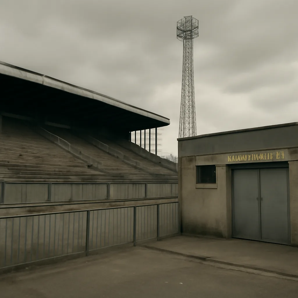 Exterior of a professional football stadium on a cloudy day, empty stands and a club crest on the facade obscured to avoid identification.