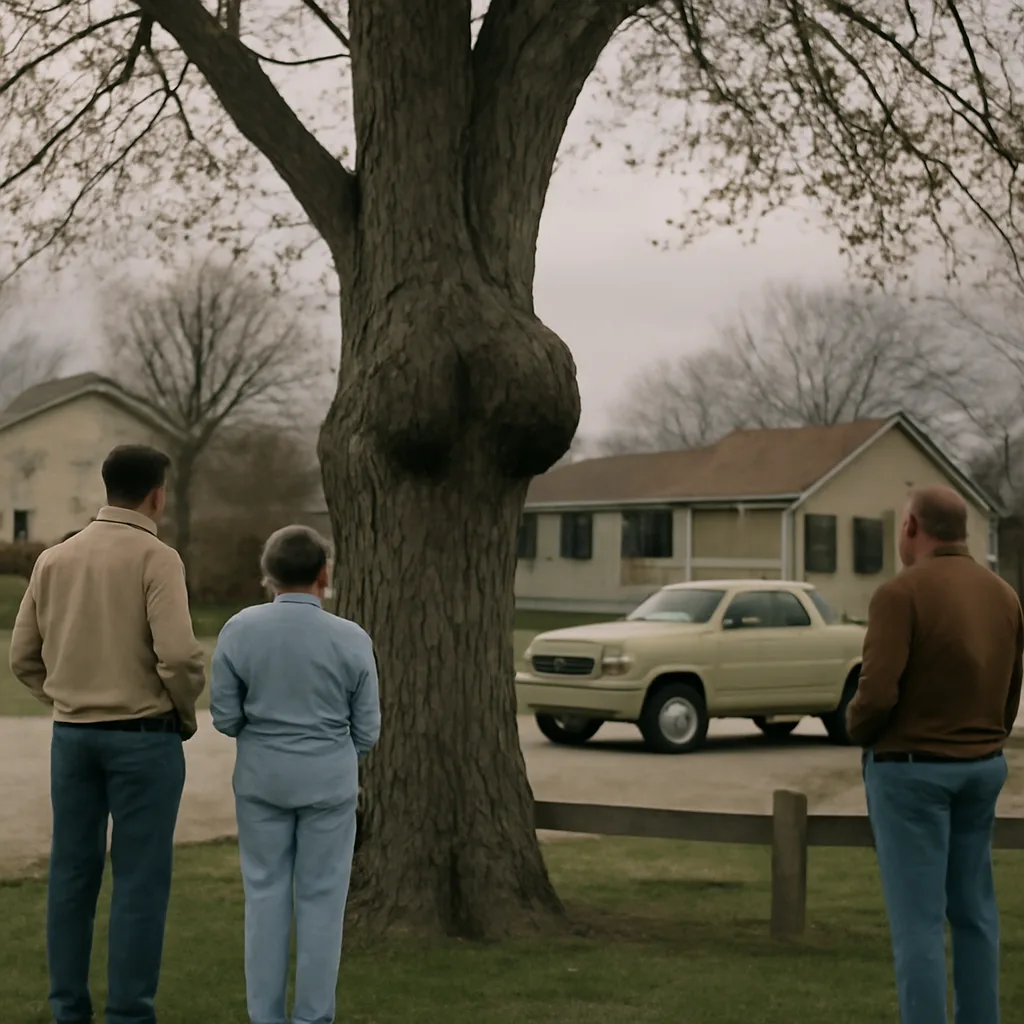 A mature tree with a large, irregular burl on its trunk that suggests a rough human-shaped silhouette; people stand at a respectful distance on a grassy roadside.