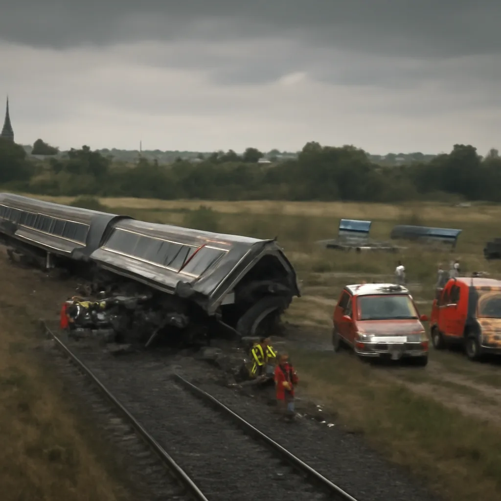 Derailment site near Santiago de Compostela showing overturned and damaged rail cars beside the track, emergency vehicles and personnel at the scene, and debris scattered on embankment and adjacent land.