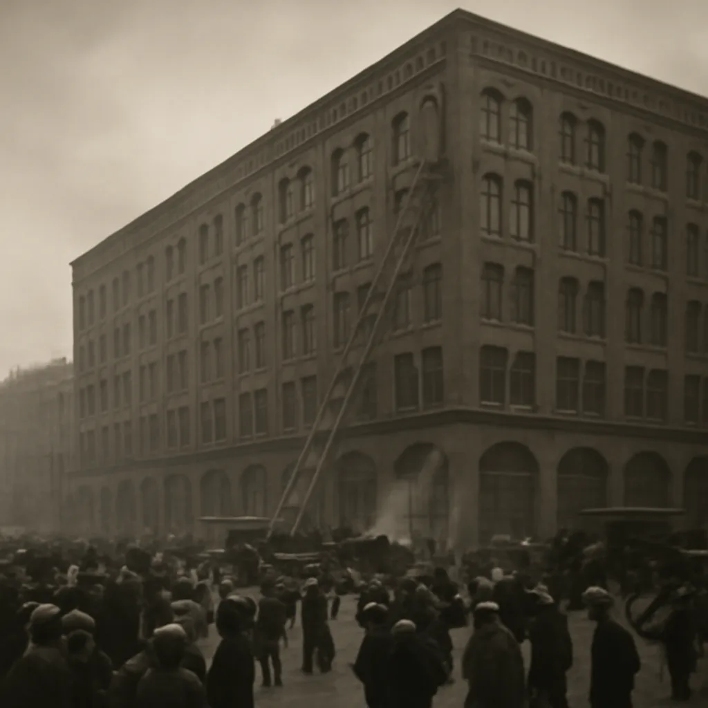 Exterior view of the Asch/Brown Building in Manhattan, early 20th century industrial brick structure with windows; crowds gathered below after the Triangle Shirtwaist Factory fire.