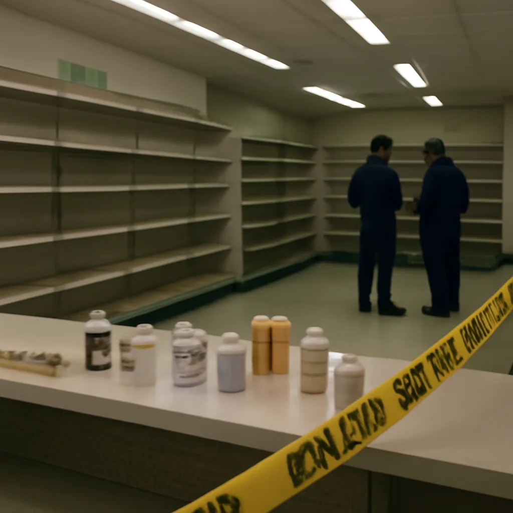 A 1980s pharmacy counter with empty shelves and boxed over-the-counter medication, vintage packaging visible but not readable, and police caution tape in the background.