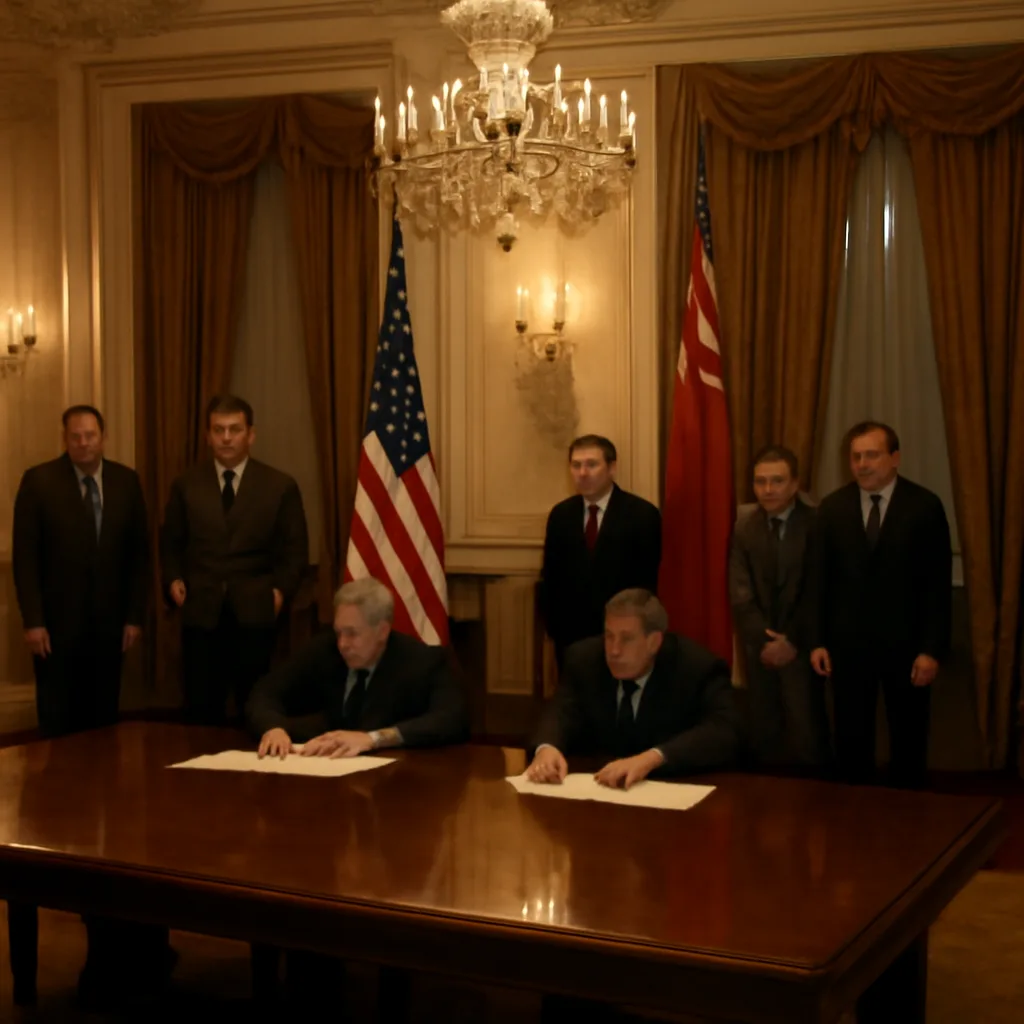Officials and dignitaries gathered in a formal meeting room in Moscow for the signing of an agreement in 1972; documents and pens on a long table, national flags of the United States and Soviet Union displayed, mid-20th-century suits and dresses.