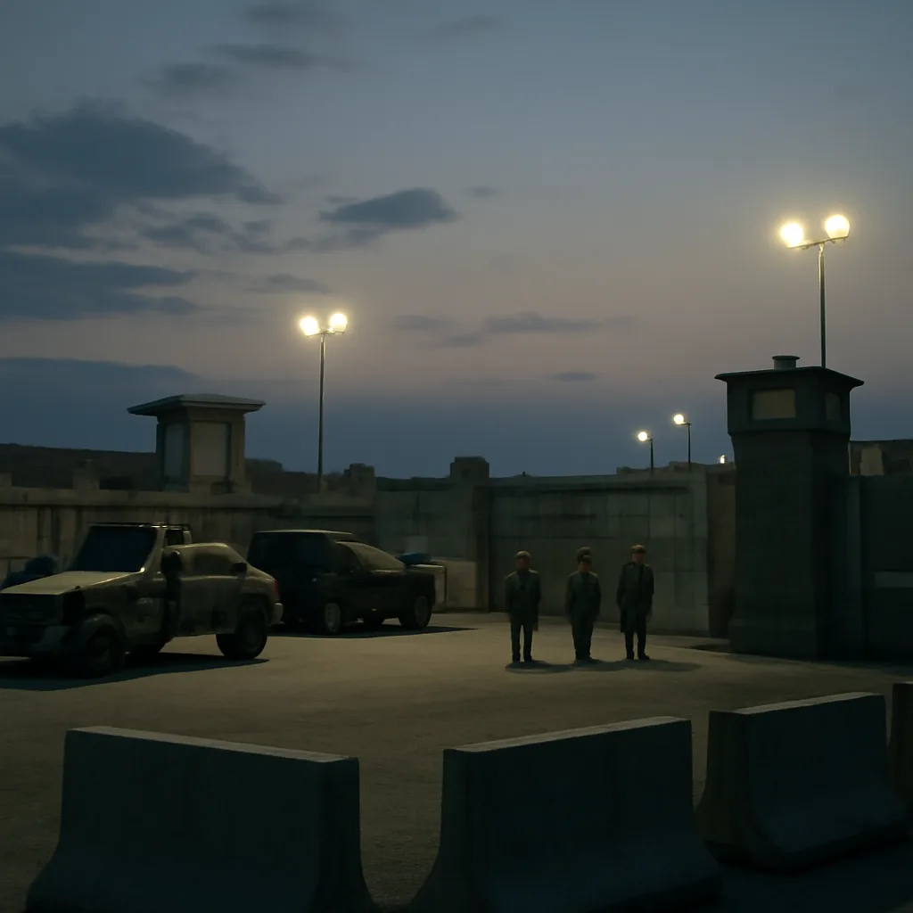 Exterior of a secure government compound at dusk with uniformed personnel and armored vehicles nearby, conveying a controlled security operation without identifiable faces.