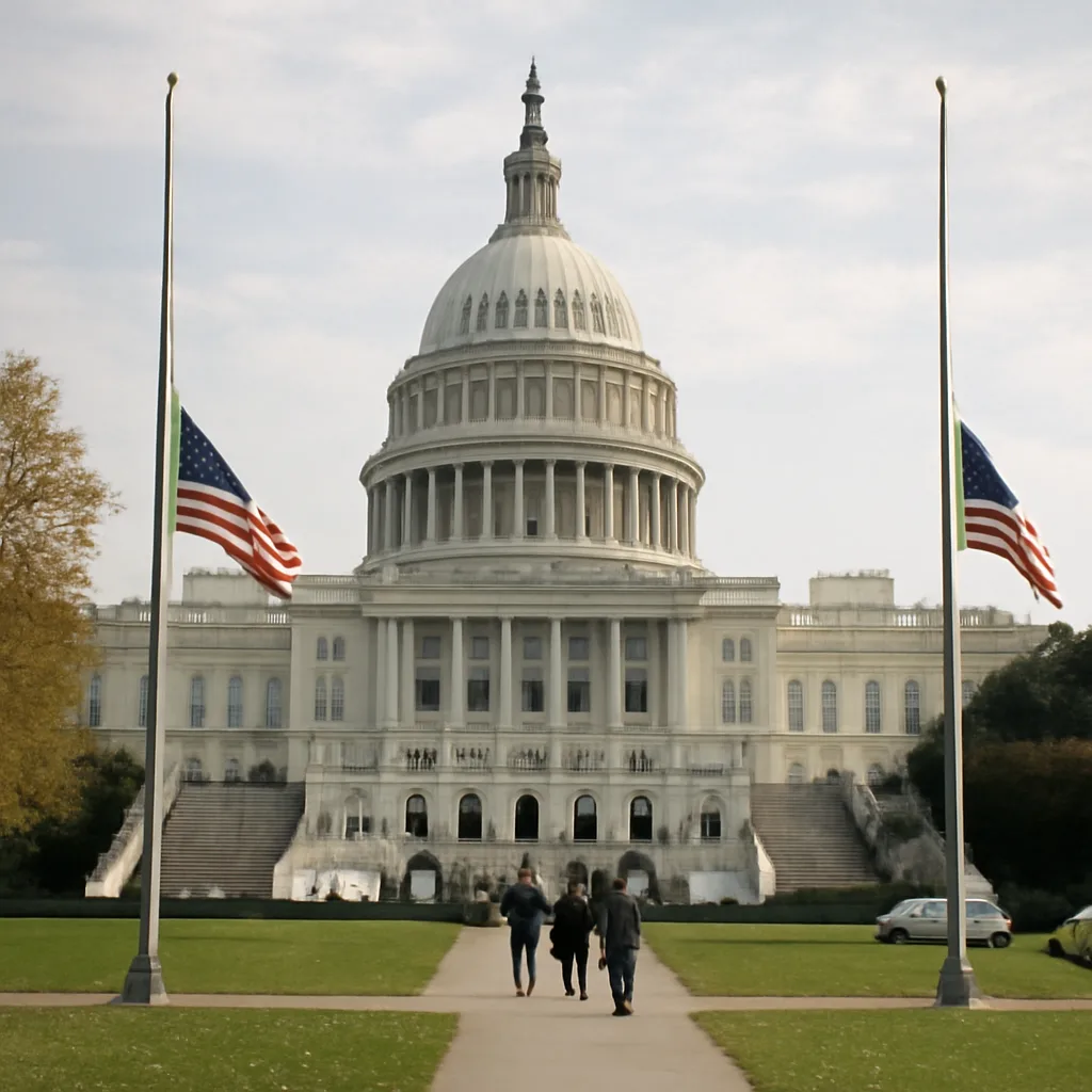 U.S. Capitol and flags, early October 2001: scene suggesting national government response and legislative action following the September 11 attacks.