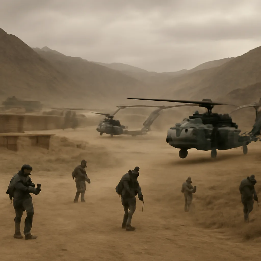 U.S. military helicopters and soldiers operating in a dusty Afghan province near an encampment, with low mud-brick buildings and rugged hills in the background.