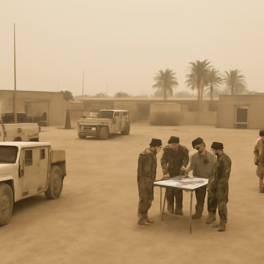 U.S. military vehicles and Iraqi security personnel in a non-combat base area during a handover period in 2010, with low-rise buildings and desert surroundings.
