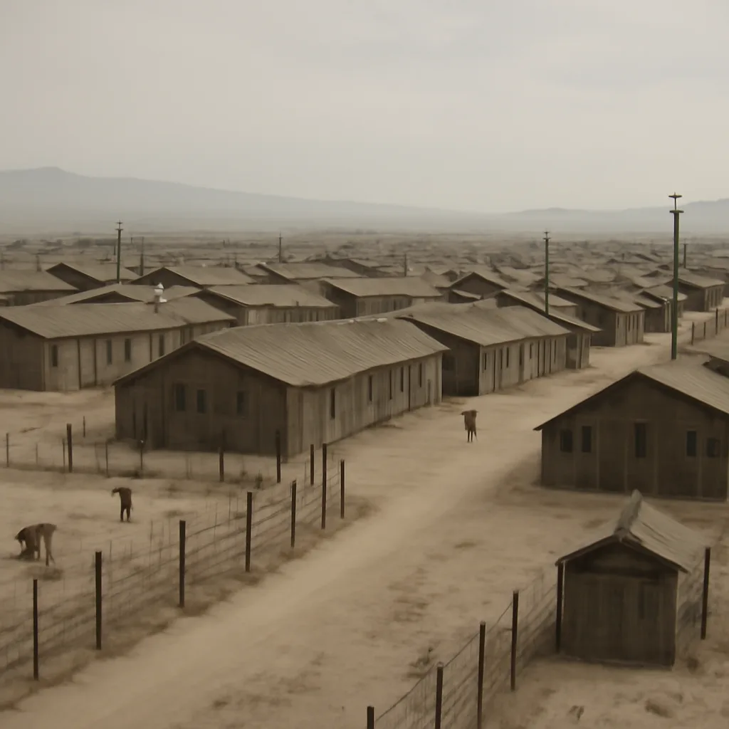 Barracks and rows of temporary wooden housing behind barbed wire fencing and guard towers at an inland World War II Japanese American relocation center, with a desolate landscape and mountains in the distance.