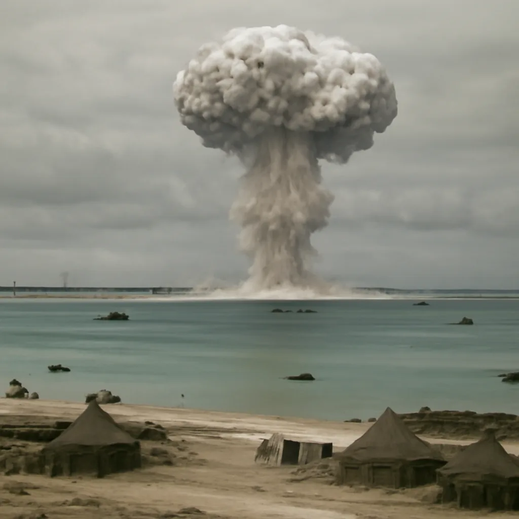 Wide view of a 1950s atmospheric nuclear test site: distant mushroom cloud over a lagoon/atoll, military ships and small craft on the horizon, test instrumentation shelters and observation ships in the foreground.