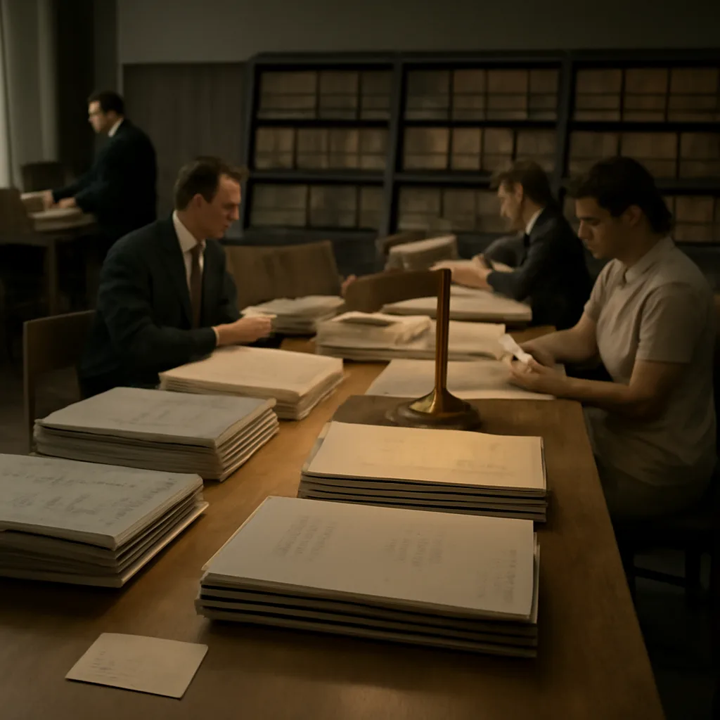 Archivists at a table with stacks of mid-20th-century government papers and bound reports, labeled Manhattan Engineer District and Atomic Energy Commission, in a reading room setting.